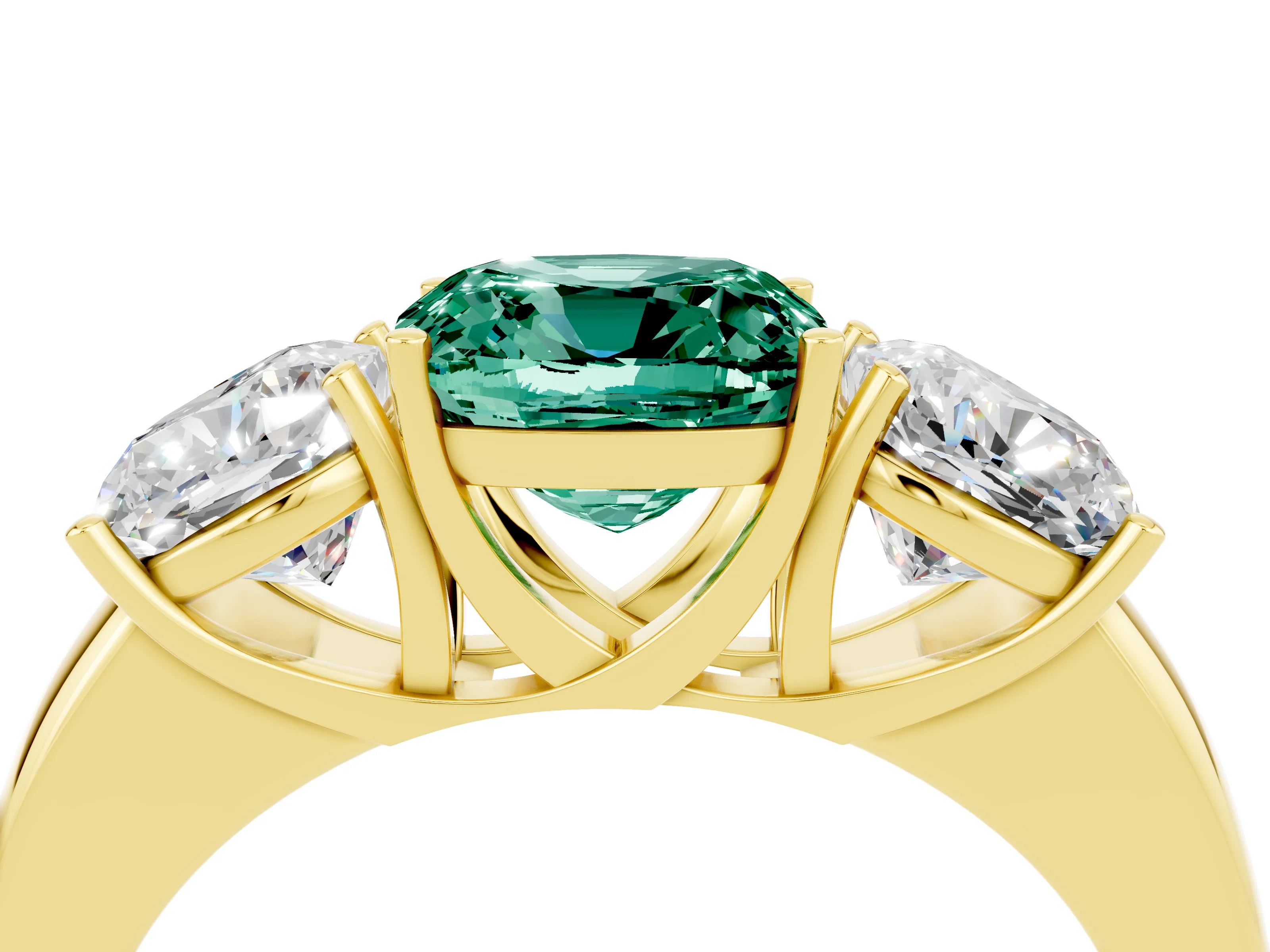 Yellow gold Cushion Cut Green Sapphire Three-Stone Ring with Four-Prong Setting and Classic Band_4