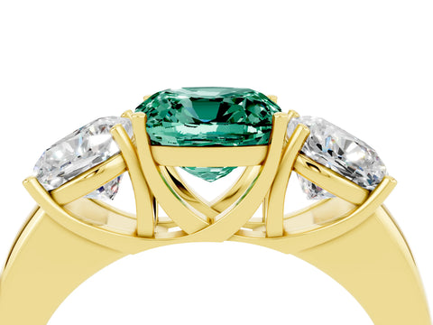 Yellow gold Cushion Cut Green Sapphire Three-Stone Ring with Four-Prong Setting and Classic Band_4
