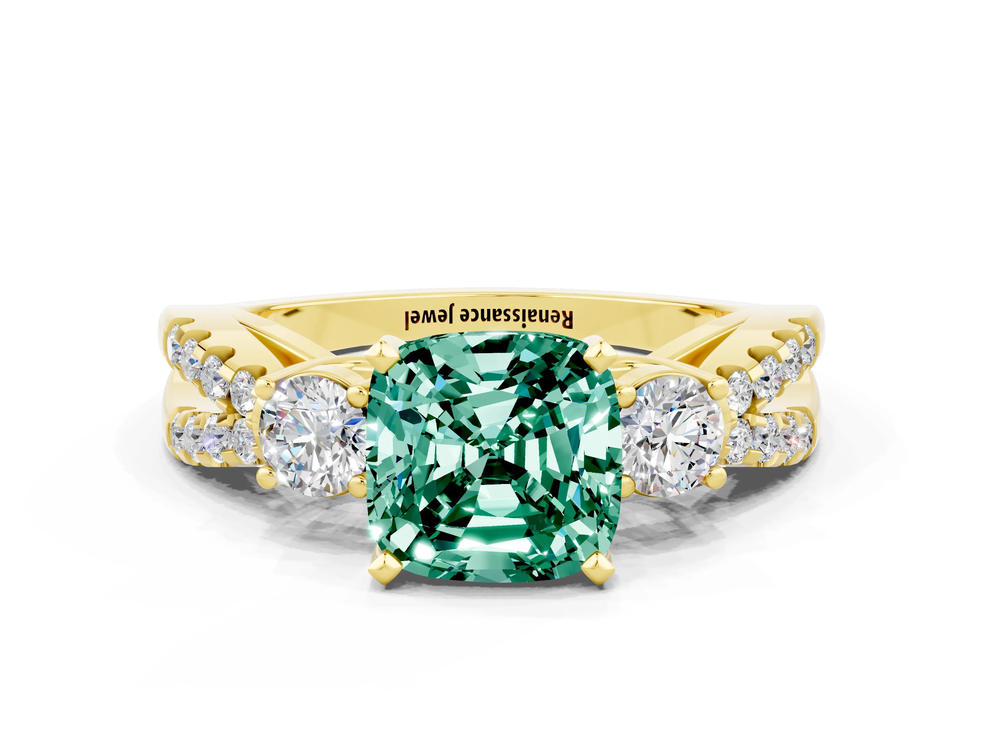 Yellow gold Cushion Cut Green Sapphire Three-Stone Ring with Pavé Split Shank and Four-Prong Setting_12