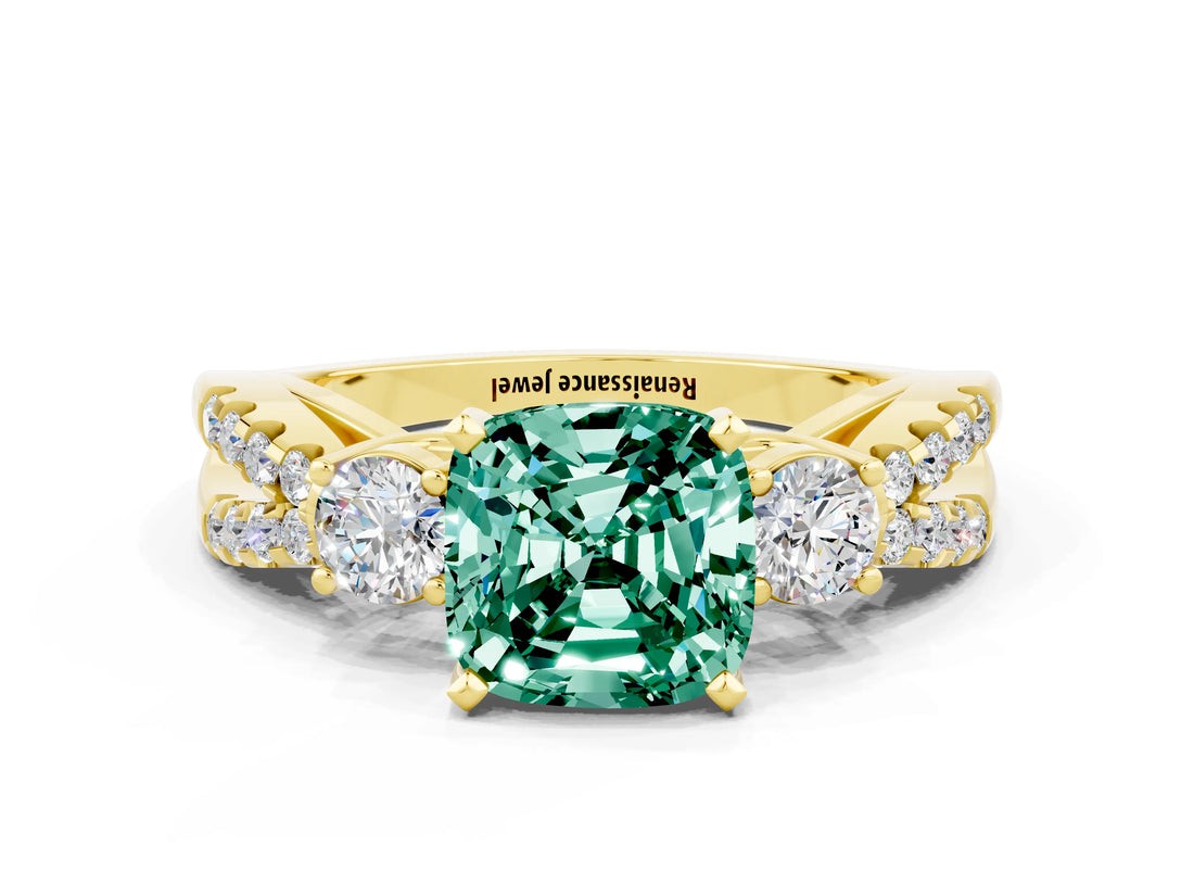 Yellow gold Cushion Cut Green Sapphire Three-Stone Ring with Pavé Split Shank and Four-Prong Setting_12