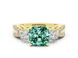 Yellow gold Cushion Cut Green Sapphire Three-Stone Ring with Pavé Split Shank and Four-Prong Setting_12