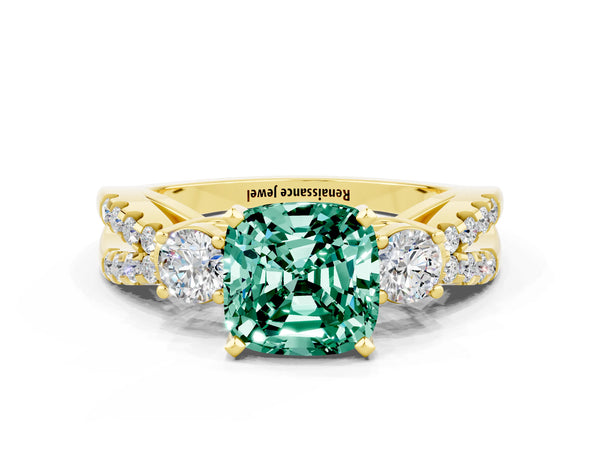 Yellow gold Cushion Cut Green Sapphire Three-Stone Ring with Pavé Split Shank and Four-Prong Setting
