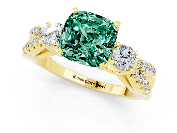Yellow gold Cushion Cut Green Sapphire Three-Stone Ring with Pavé Split Shank and Four-Prong Setting