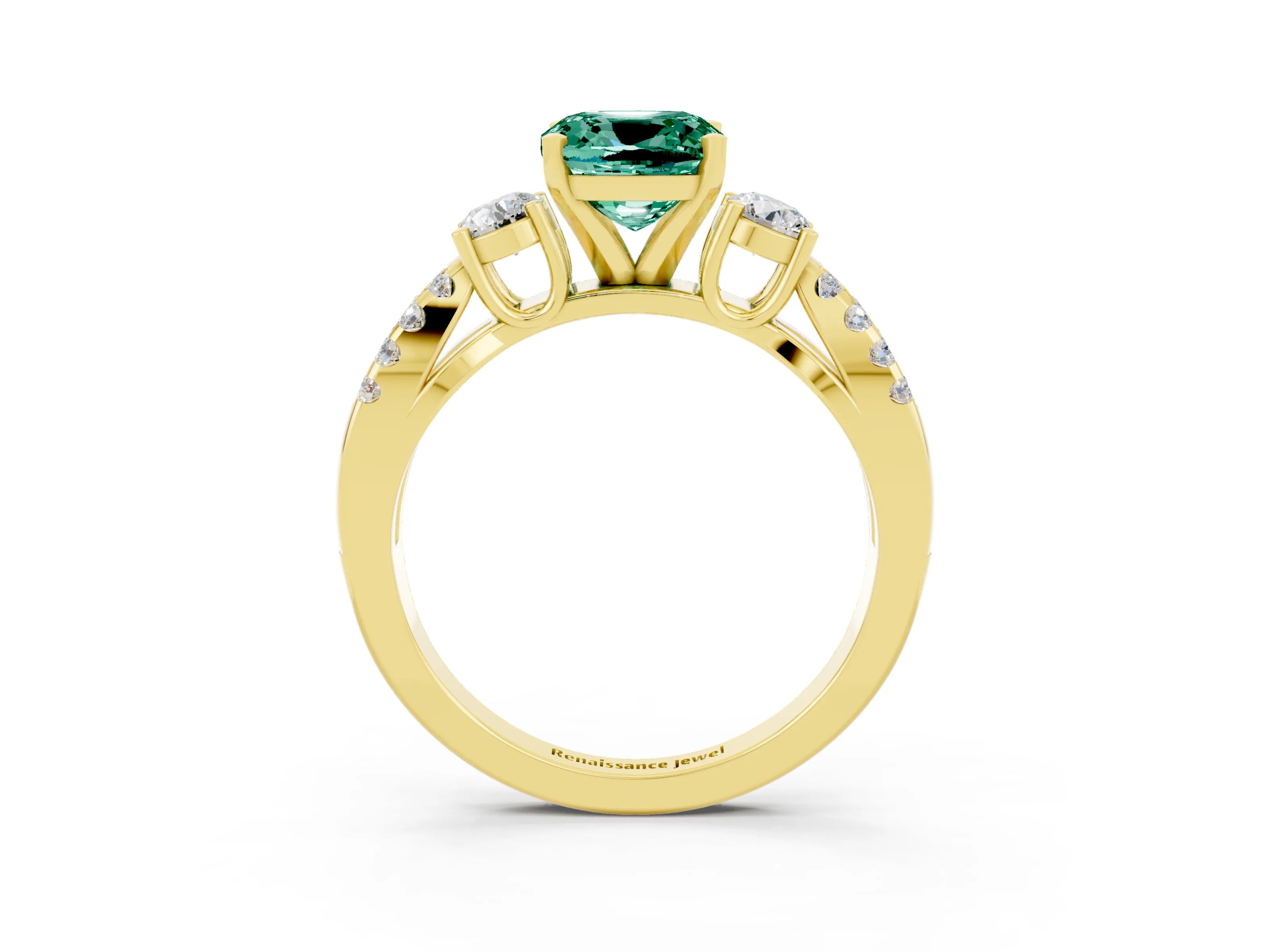 Yellow gold Cushion Cut Green Sapphire Three-Stone Ring with Pavé Split Shank and Four-Prong Setting_15