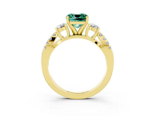 Yellow gold Cushion Cut Green Sapphire Three-Stone Ring with Pavé Split Shank and Four-Prong Setting
