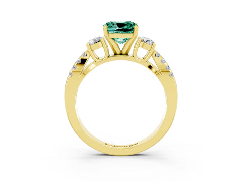 Yellow gold Cushion Cut Green Sapphire Three-Stone Ring with Pavé Split Shank and Four-Prong Setting_15