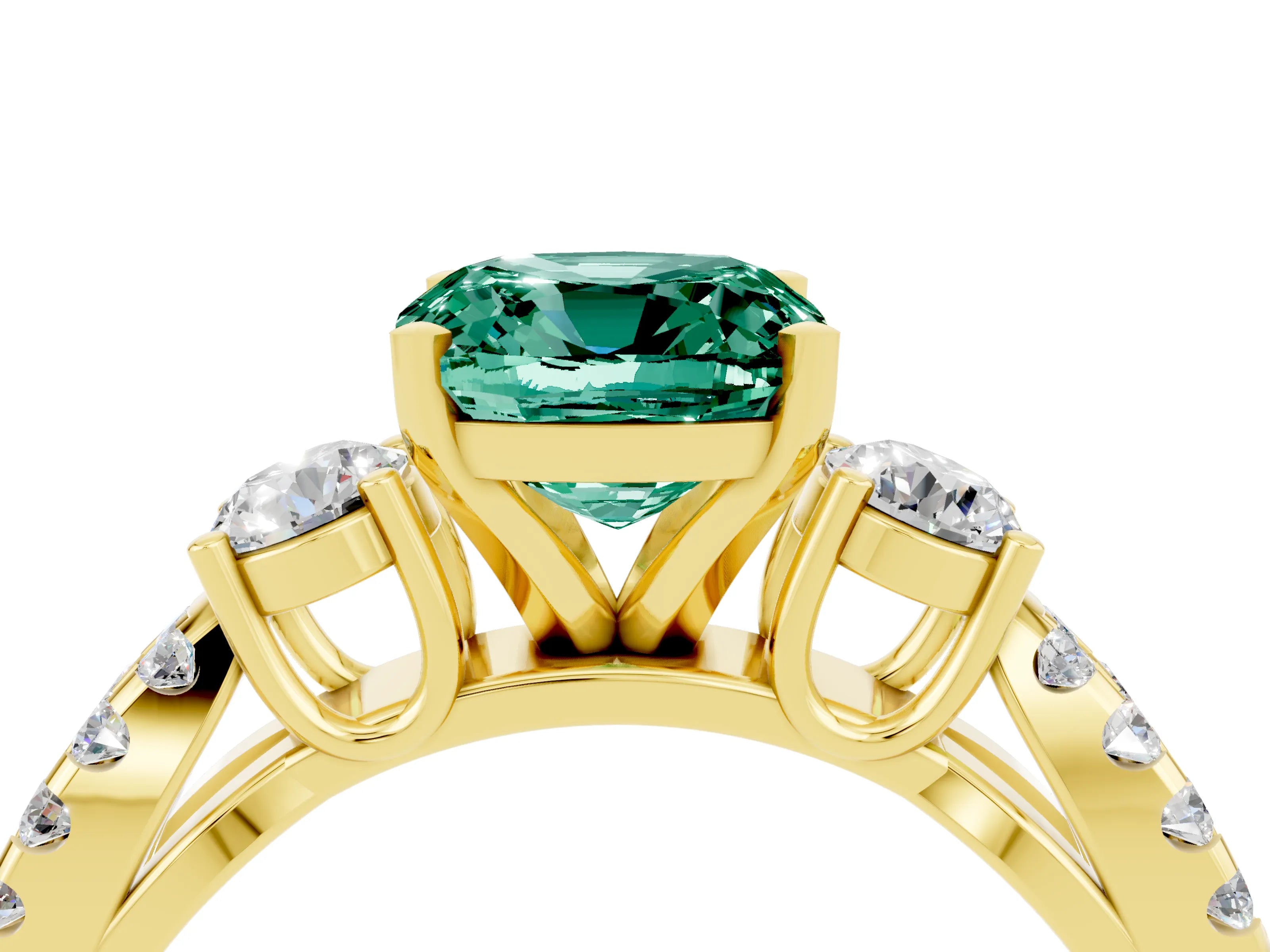 Yellow gold Cushion Cut Green Sapphire Three-Stone Ring with Pavé Split Shank and Four-Prong Setting_16