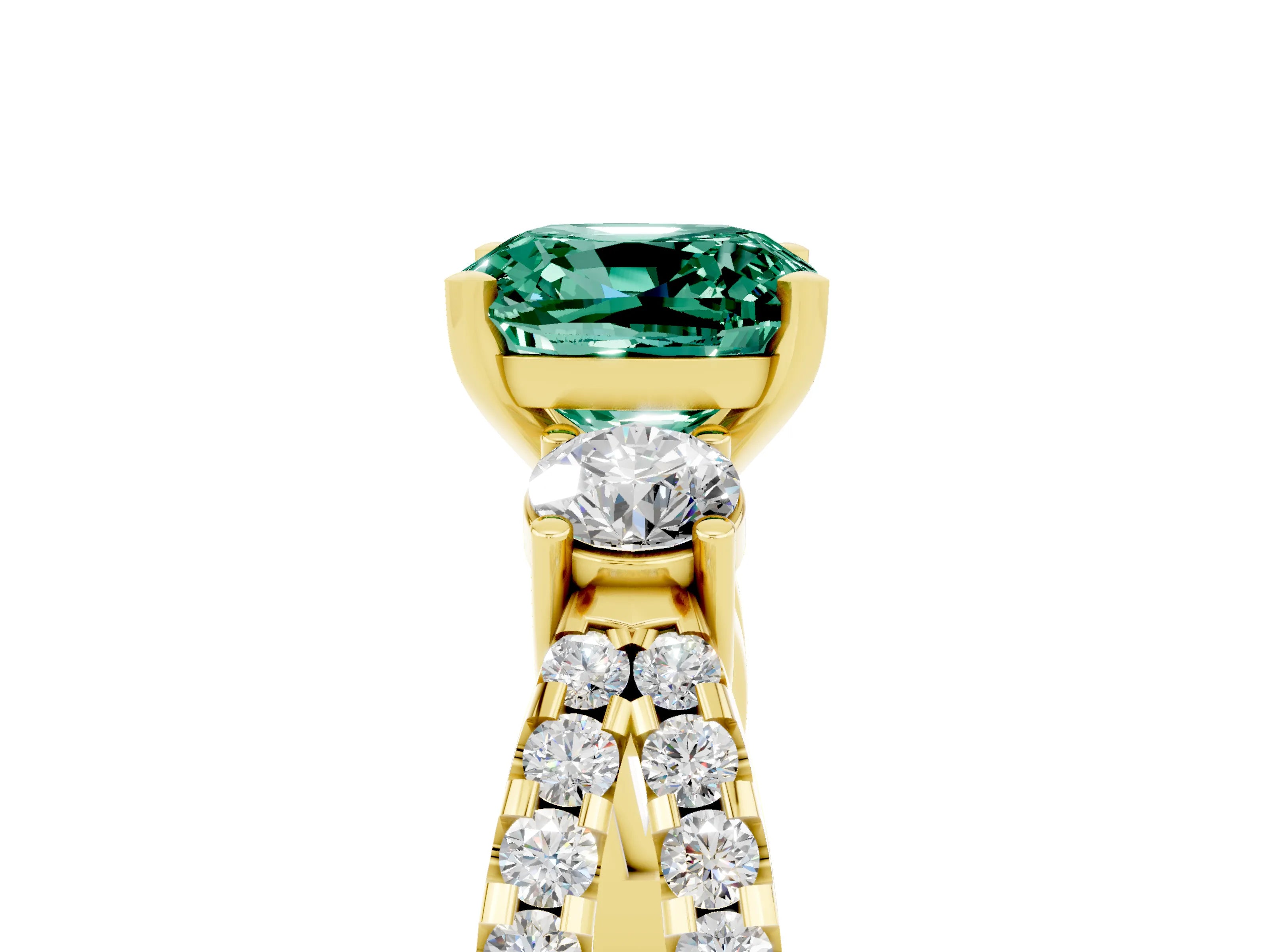 Yellow gold Cushion Cut Green Sapphire Three-Stone Ring with Pavé Split Shank and Four-Prong Setting_17