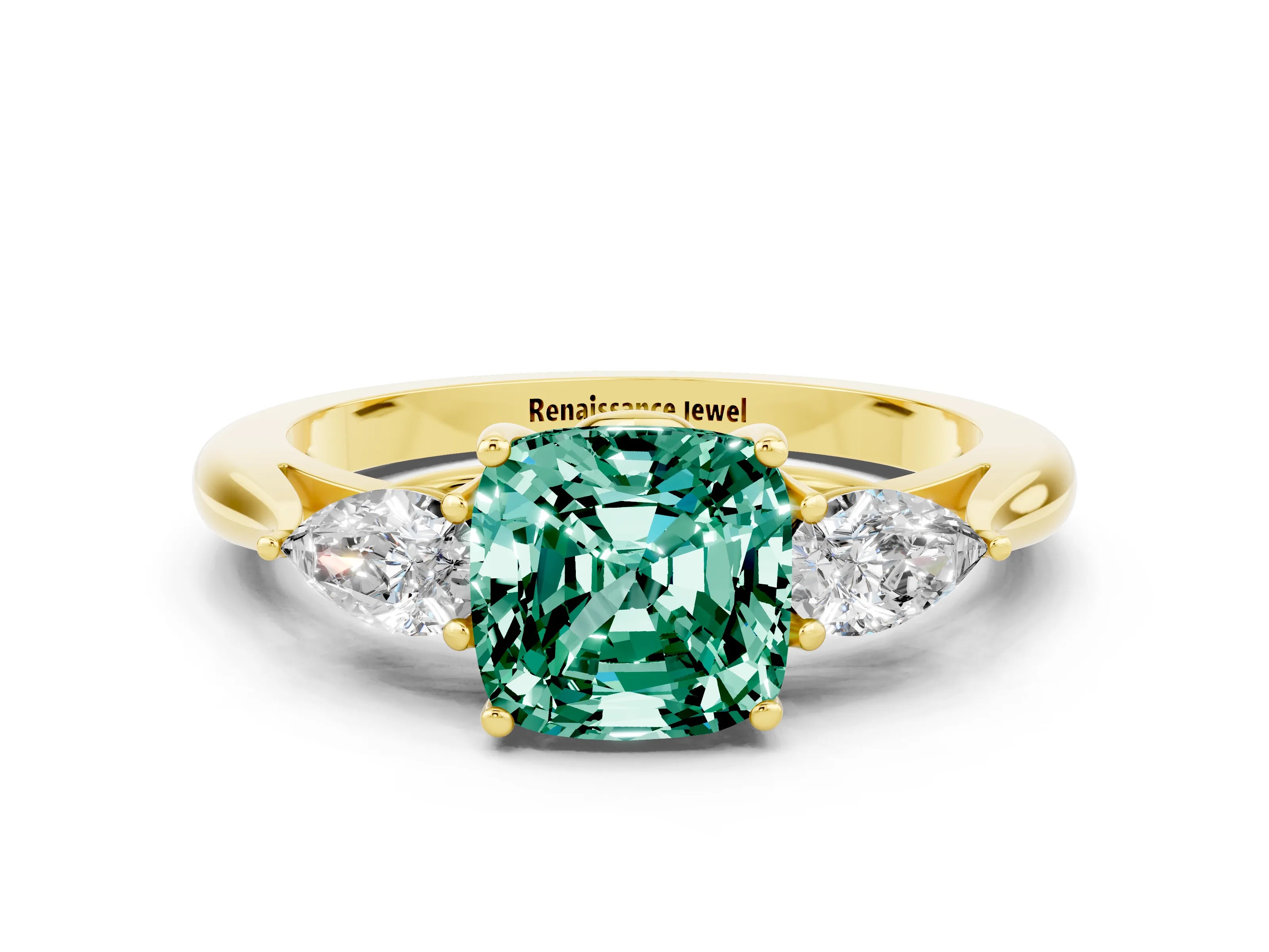 Yellow gold Cushion Cut Green Sapphire Three-Stone Ring with Pear Side Stones and Four-Prong Setting_12