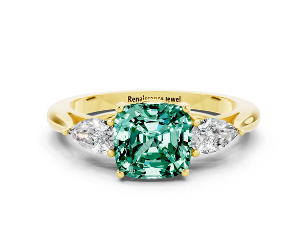 Yellow gold Cushion Cut Green Sapphire Three-Stone Ring with Pear  Side Stones and Prong Setting