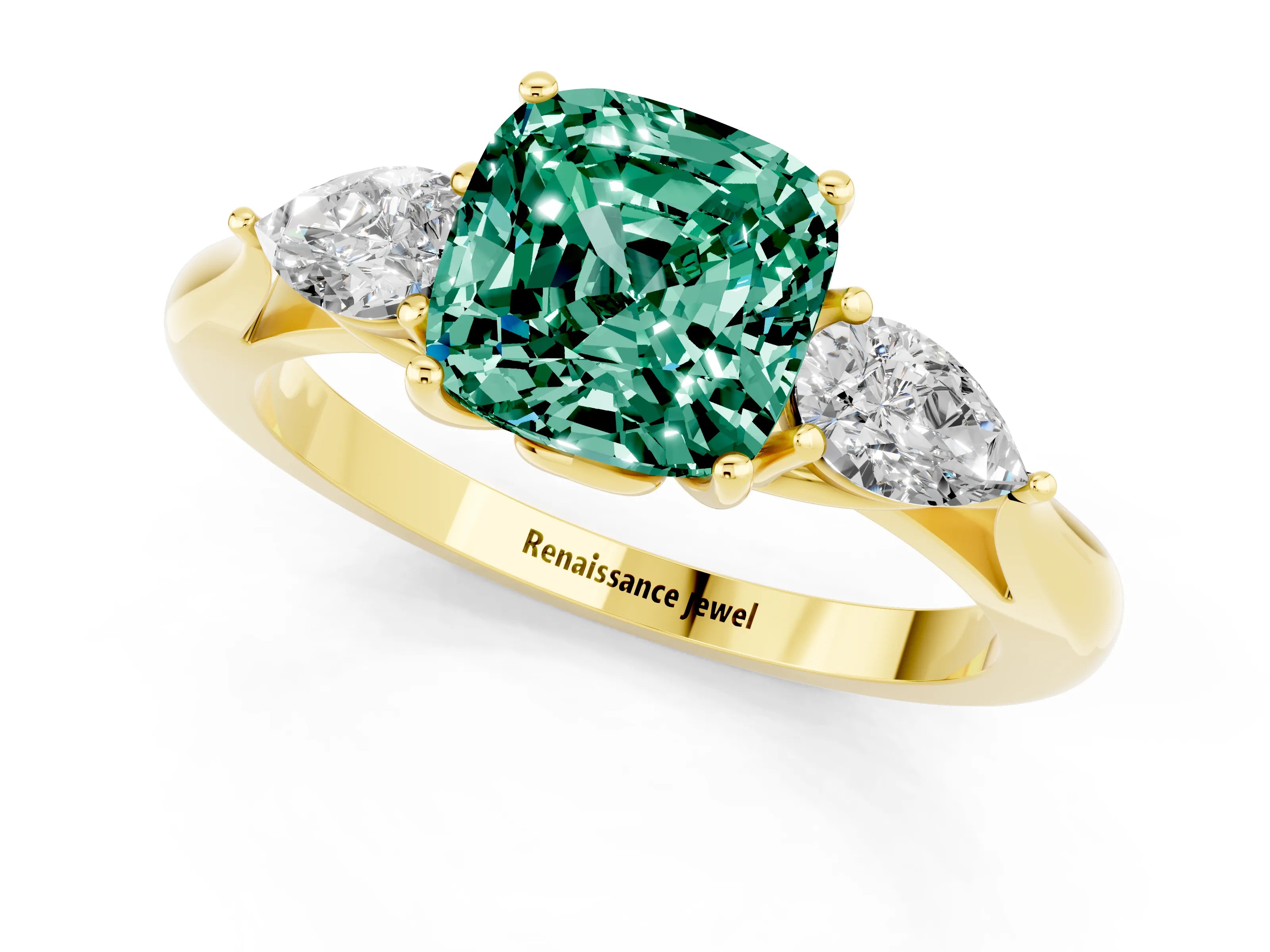 Yellow gold Cushion Cut Green Sapphire Three-Stone Ring with Pear Side Stones and Four-Prong Setting_13