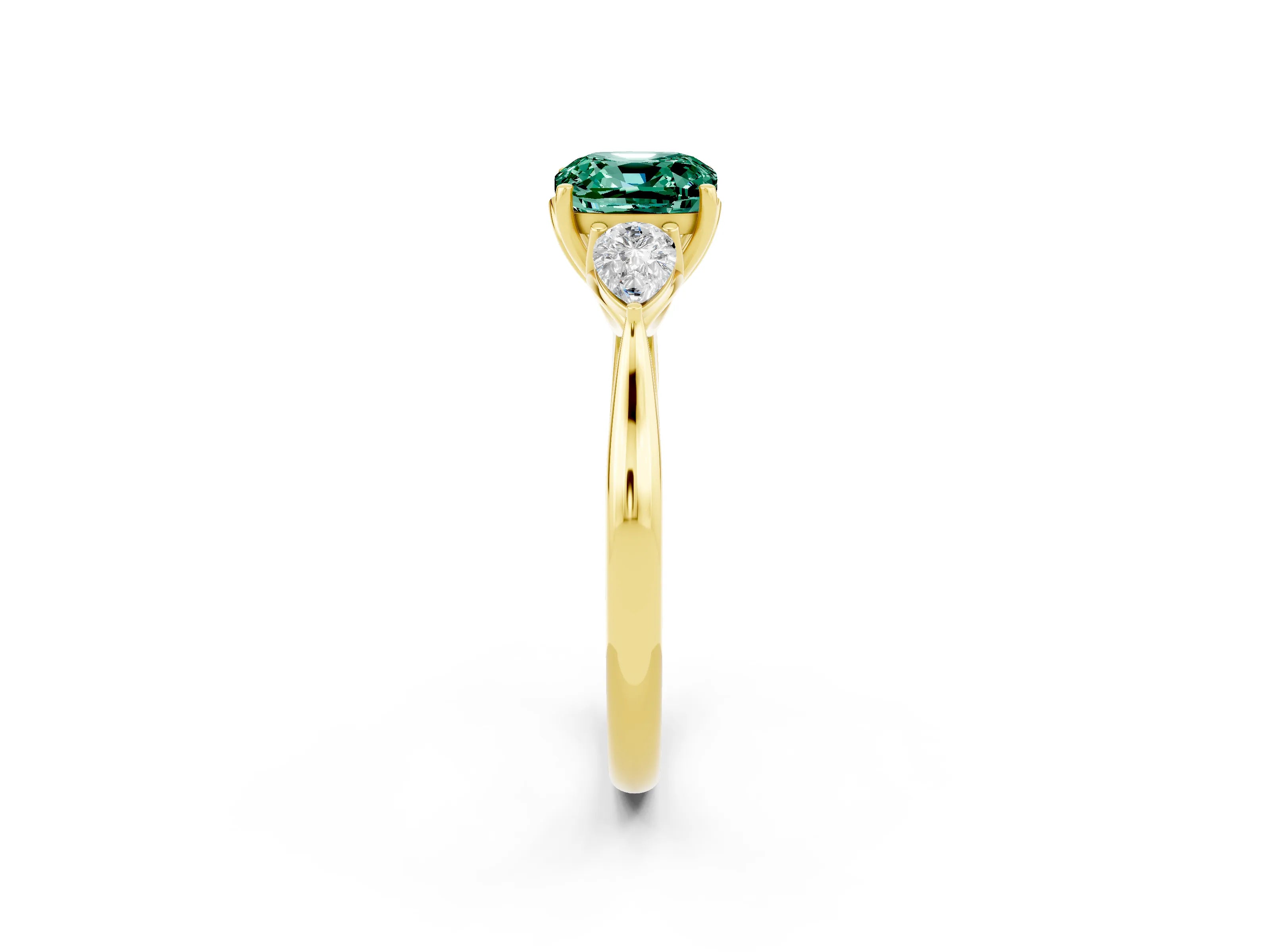 Yellow gold Cushion Cut Green Sapphire Three-Stone Ring with Pear Side Stones and Four-Prong Setting_14