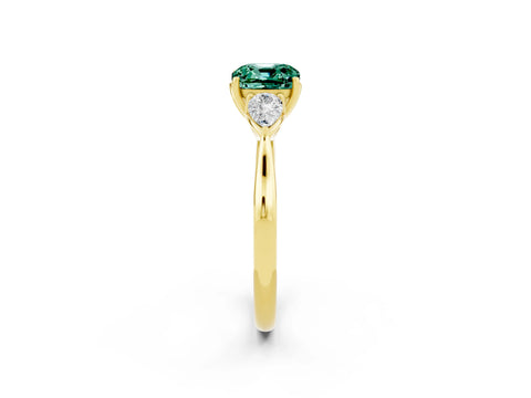 Yellow gold Cushion Cut Green Sapphire Three-Stone Ring with Pear Side Stones and Four-Prong Setting_14