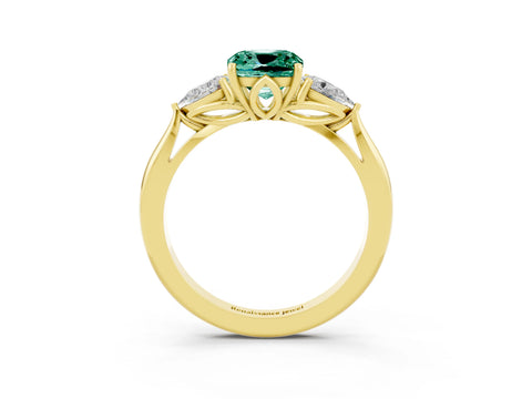 Yellow gold Cushion Cut Green Sapphire Three-Stone Ring with Pear Side Stones and Four-Prong Setting_15