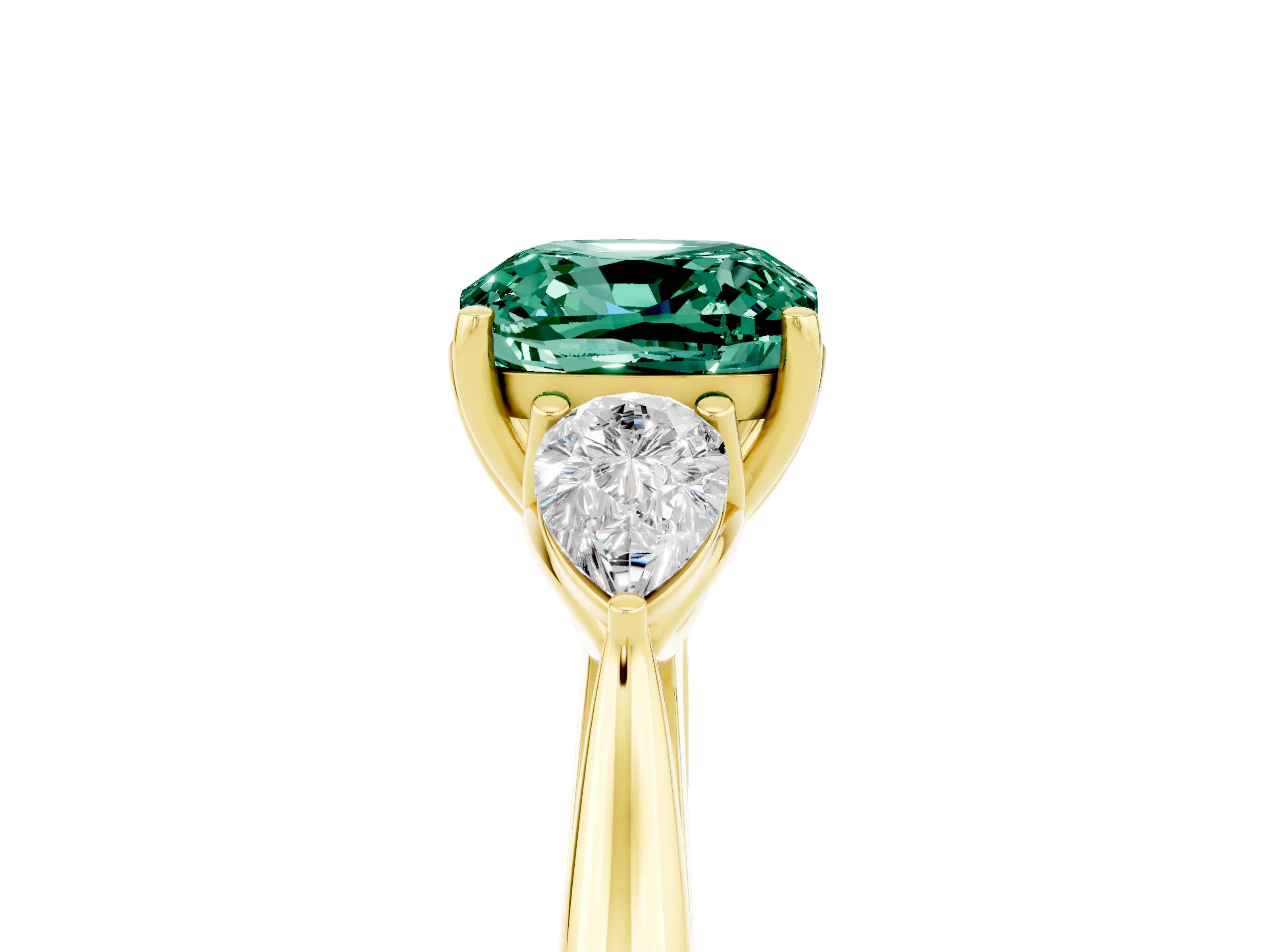Yellow gold Cushion Cut Green Sapphire Three-Stone Ring with Pear Side Stones and Four-Prong Setting_17