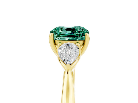 Yellow gold Cushion Cut Green Sapphire Three-Stone Ring with Pear Side Stones and Four-Prong Setting_17