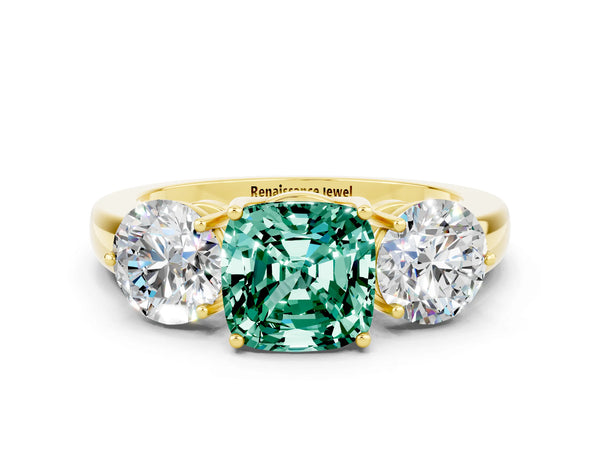 Yellow gold Cushion Cut Green Sapphire Three-Stone Ring with Prong Setting and Classic Band