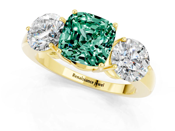 Yellow gold Cushion Cut Green Sapphire Three-Stone Ring with Prong Setting and Classic Band
