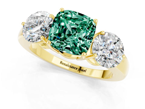 Yellow gold Cushion Cut Green Sapphire Three-Stone Ring with Prong Setting and Classic Band_1
