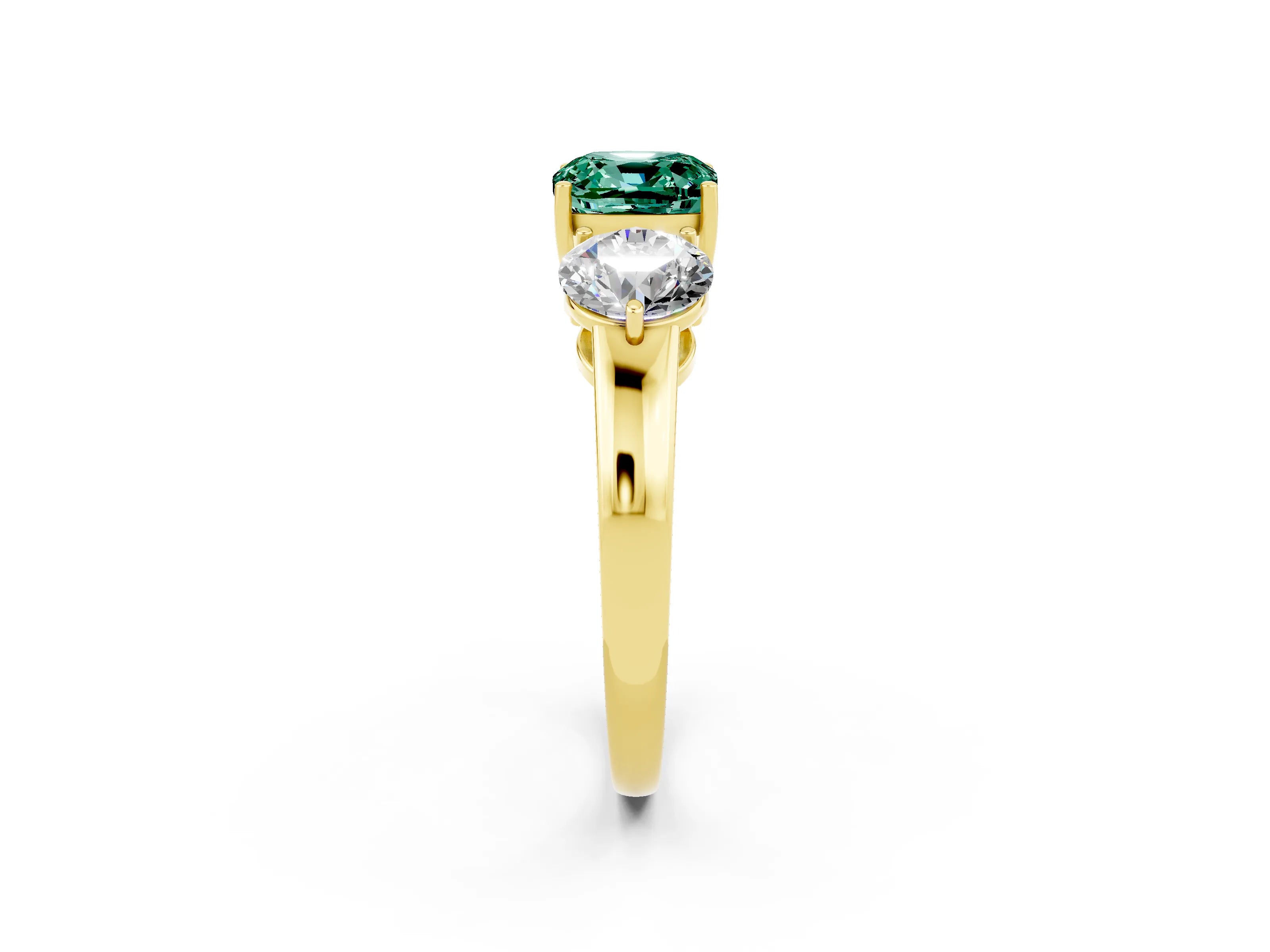 Yellow gold Cushion Cut Green Sapphire Three-Stone Ring with Prong Setting and Classic Band_2