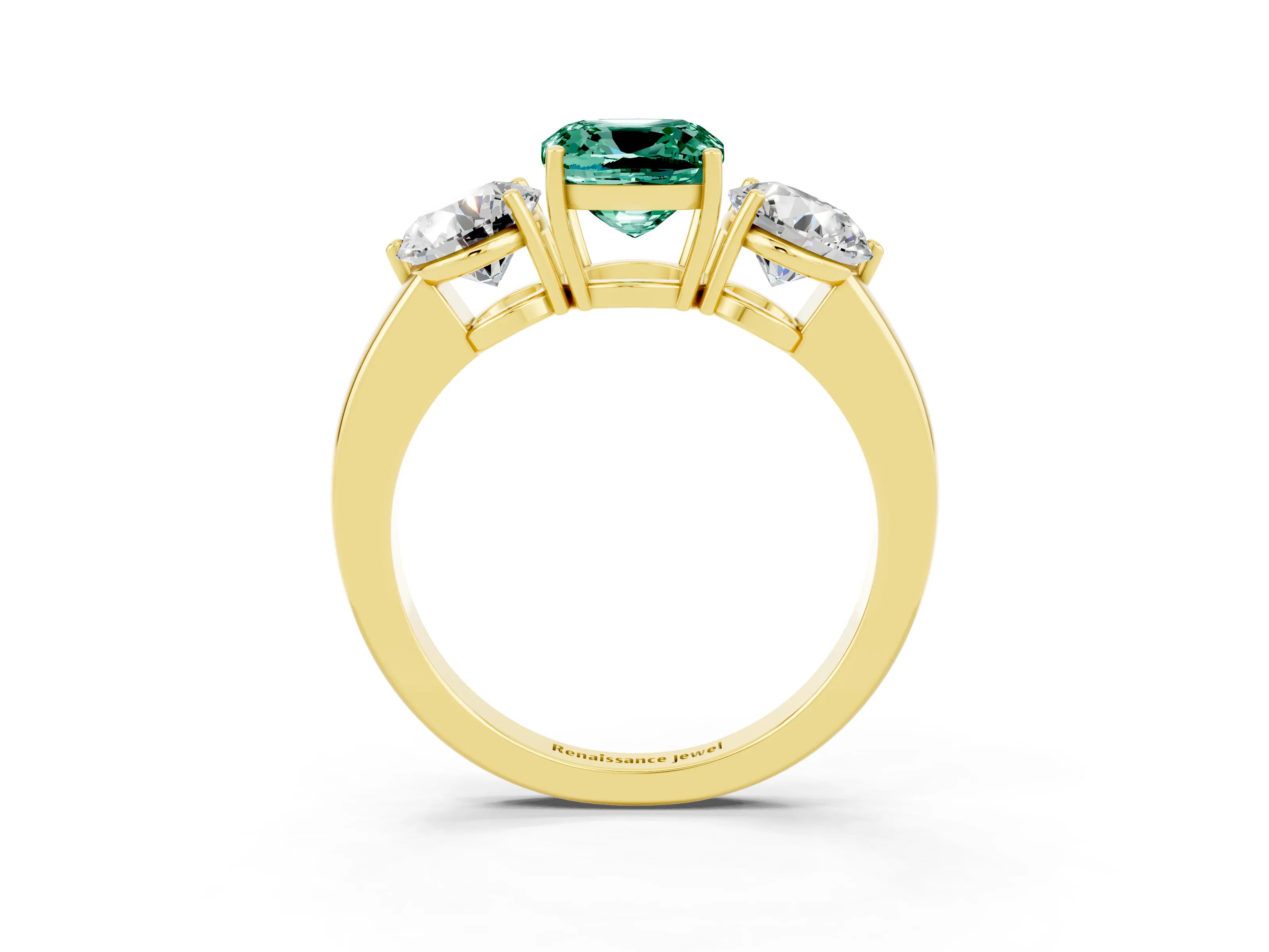 Yellow gold Cushion Cut Green Sapphire Three-Stone Ring with Prong Setting and Classic Band_3
