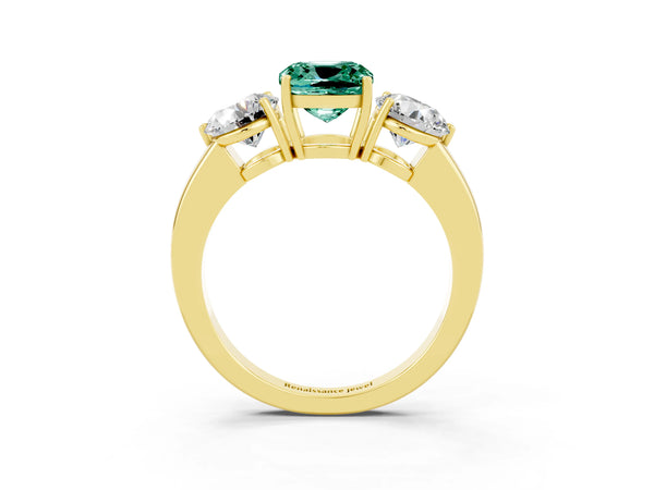 Yellow gold Cushion Cut Green Sapphire Three-Stone Ring with Prong Setting and Classic Band