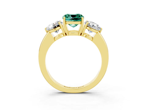Yellow gold Cushion Cut Green Sapphire Three-Stone Ring with Prong Setting and Classic Band_3