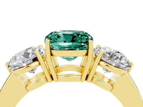 Yellow gold Cushion Cut Green Sapphire Three-Stone Ring with Prong Setting and Classic Band_4