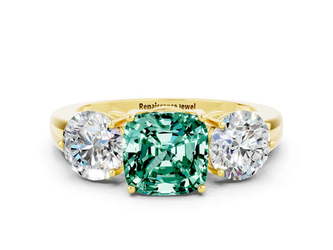 Yellow gold Cushion Cut Green Sapphire Three-Stone Ring with Prong Setting and Classic Band