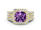 Yellow gold Cushion Cut Halo Amethyst Ring with Split Shank and Four-Prong Setting