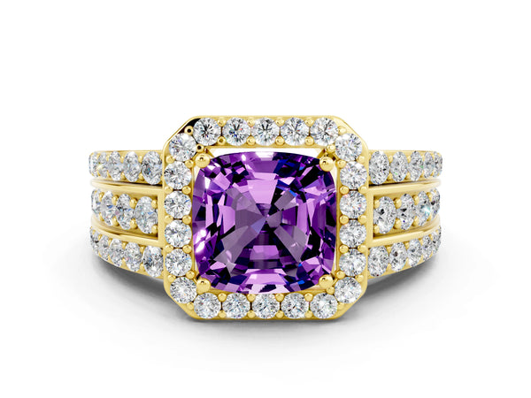Yellow gold Cushion Cut Halo Amethyst Ring with Round  Split Shank and Prong Setting