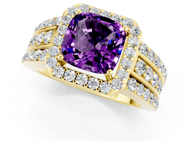 Yellow gold Cushion Cut Halo Amethyst Ring with Round  Split Shank and Prong Setting