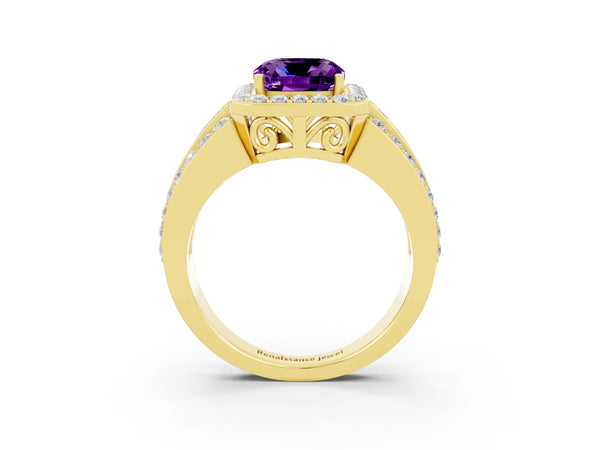 Yellow gold Cushion Cut Halo Amethyst Ring with Round  Split Shank and Prong Setting