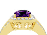 Yellow gold Cushion Cut Halo Amethyst Ring with Split Shank and Four-Prong Setting_4