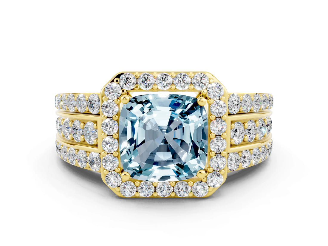Yellow gold Cushion Cut Halo Aquamarine Ring with Split Shank and Four-Prong Setting
