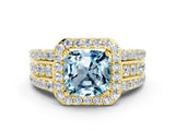 Yellow gold Cushion Cut Halo Aquamarine Ring with Split Shank and Four-Prong Setting