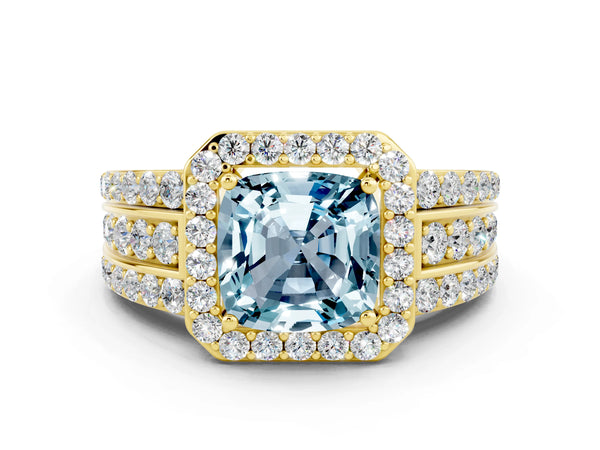 Yellow gold Cushion Cut Halo Aquamarine Ring with Round  Split Shank and Prong Setting