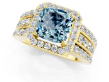 Yellow gold Cushion Cut Halo Aquamarine Ring with Split Shank and Four-Prong Setting_1