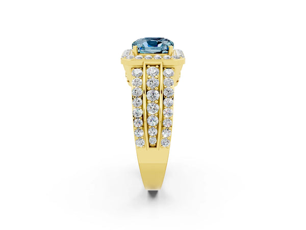 Yellow gold Cushion Cut Halo Aquamarine Ring with Round  Split Shank and Prong Setting