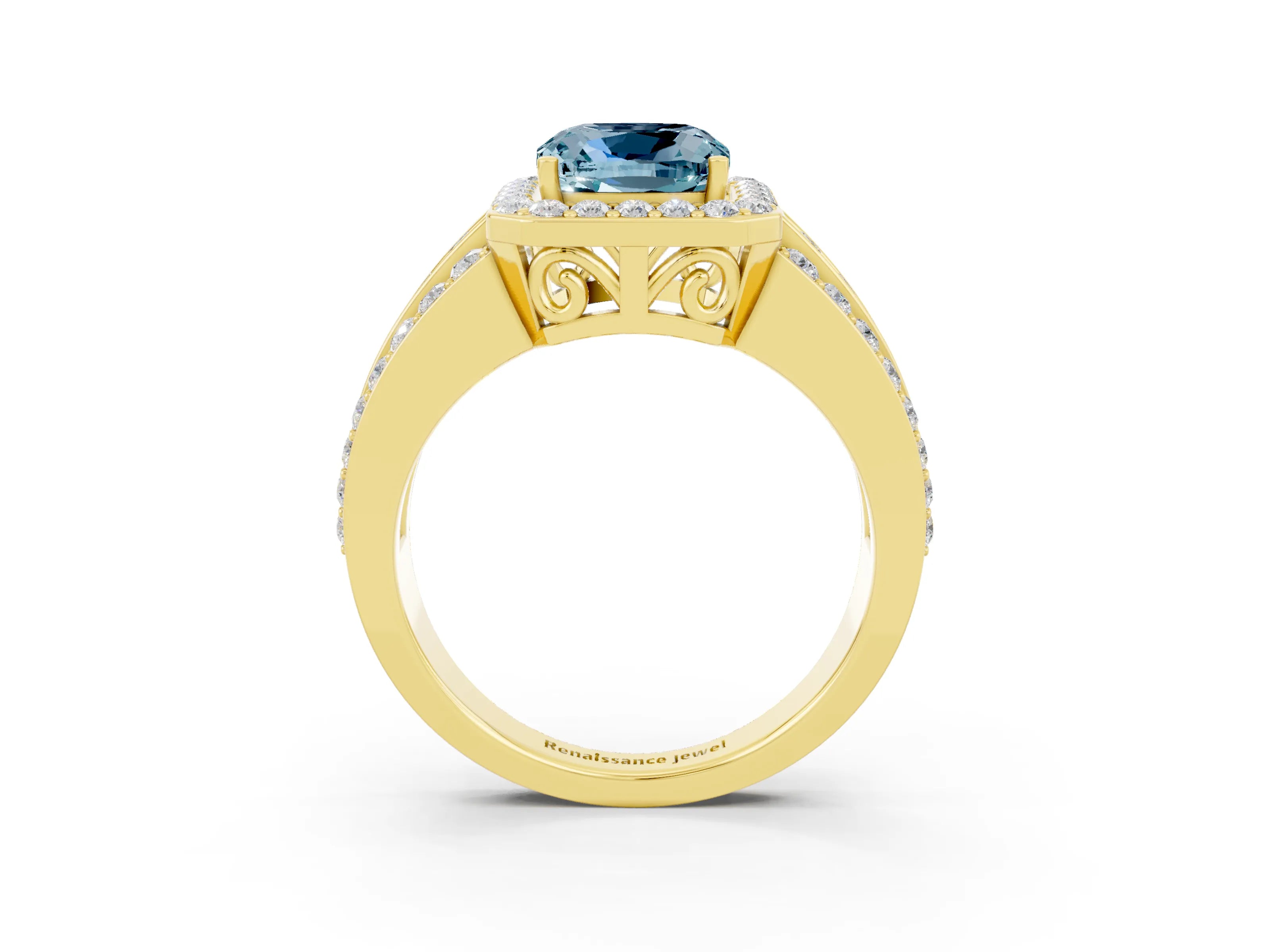 Yellow gold Cushion Cut Halo Aquamarine Ring with Split Shank and Four-Prong Setting_3
