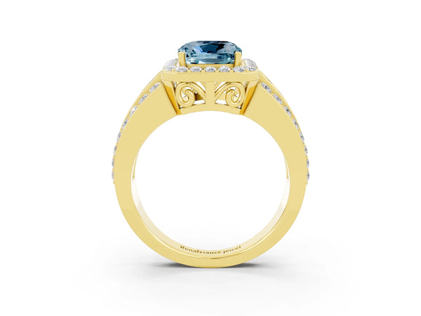 Yellow gold Cushion Cut Halo Aquamarine Ring with Round  Split Shank and Prong Setting