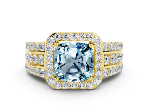 Yellow gold Cushion Cut Halo Aquamarine Ring with Split Shank and Four-Prong Setting