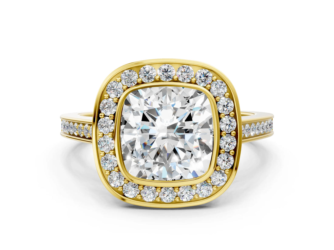 Yellow gold Cushion Cut Halo Bezel Diamond Pave Band Ring_9