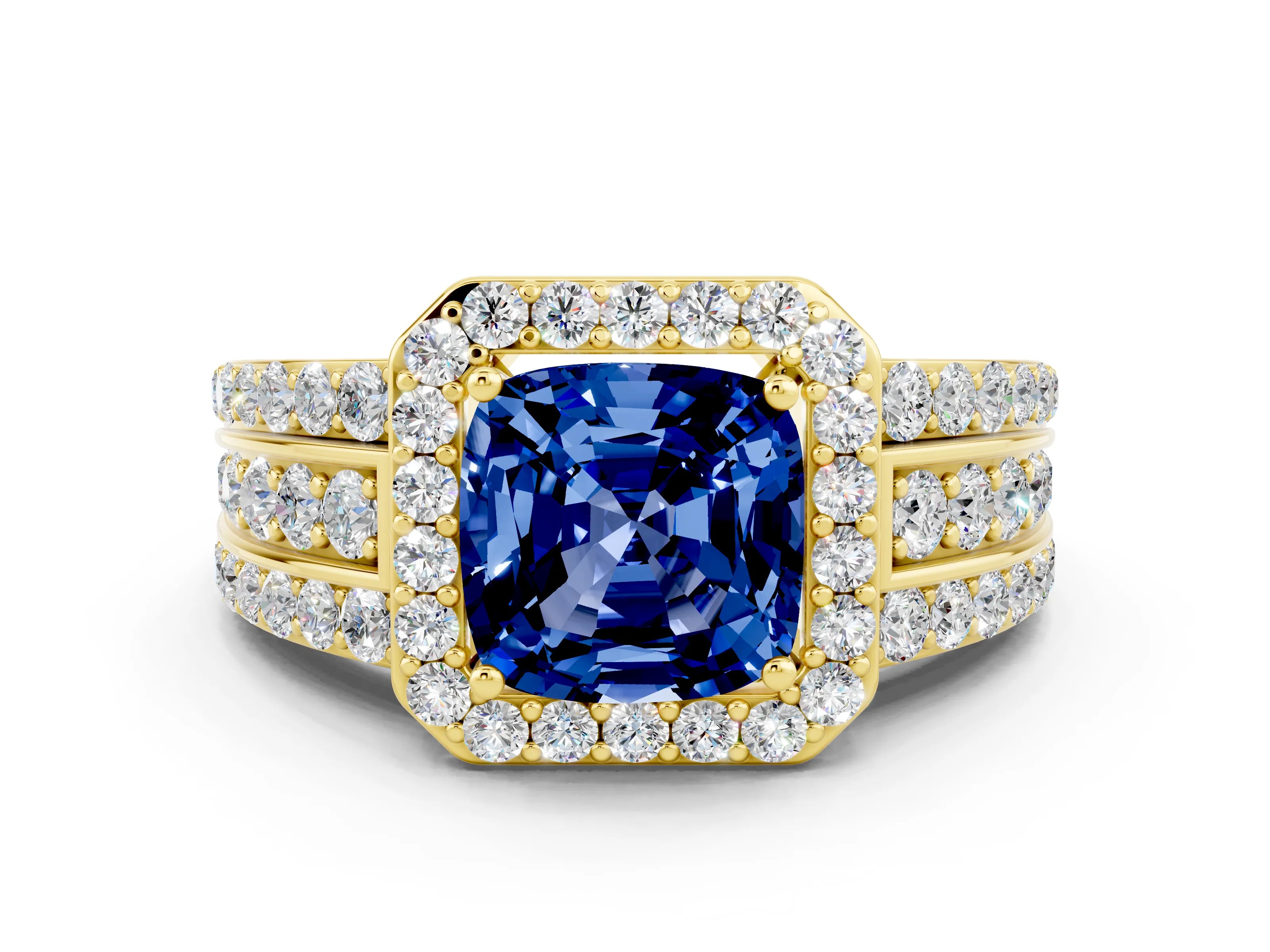 Yellow gold Cushion Cut Halo Blue Sapphire Ring with Split Shank and Four-Prong Setting