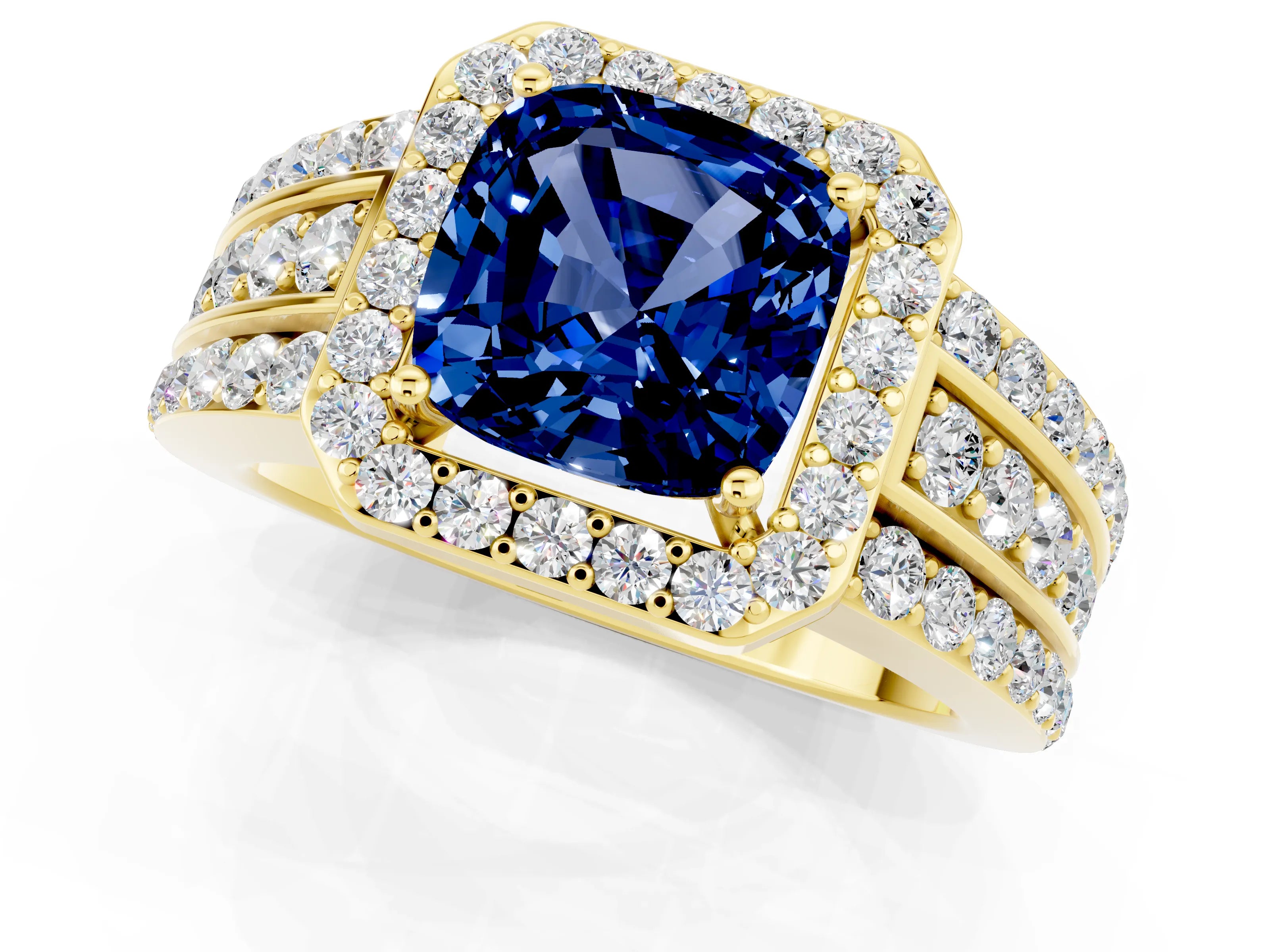 Yellow gold Cushion Cut Halo Blue Sapphire Ring with Split Shank and Four-Prong Setting_1
