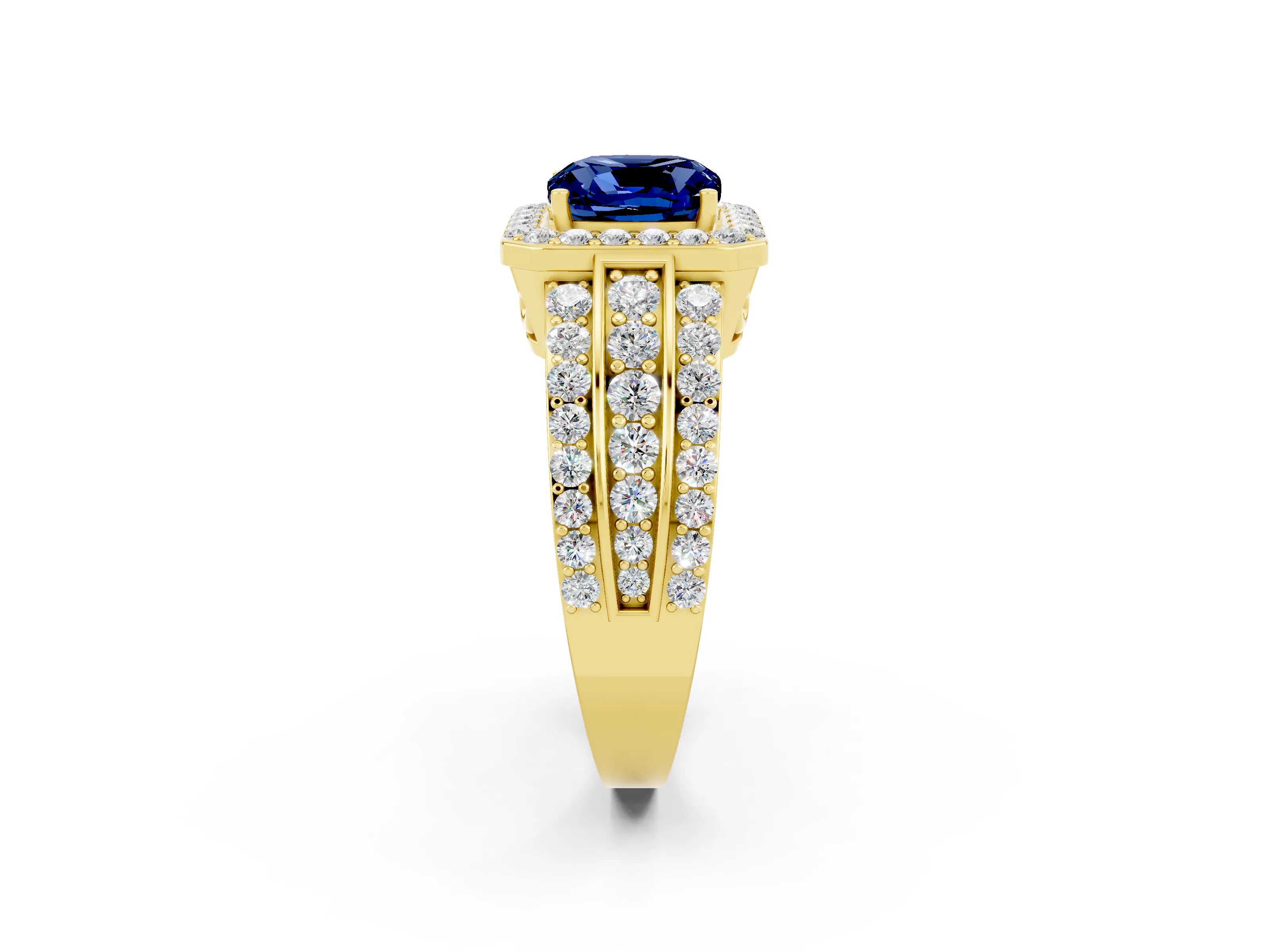 Yellow gold Cushion Cut Halo Blue Sapphire Ring with Split Shank and Four-Prong Setting_2