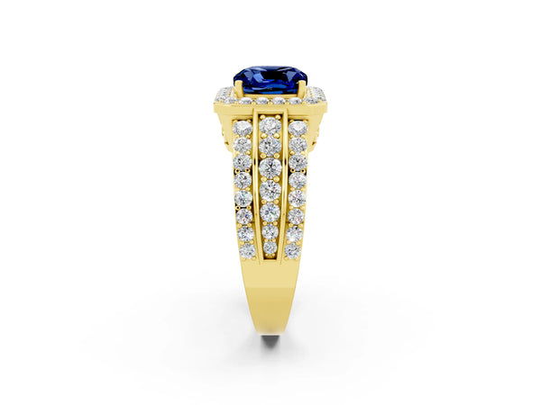 Yellow gold Cushion Cut Halo Blue Sapphire Ring with Round  Split Shank and Prong Setting