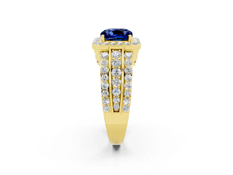Yellow gold Cushion Cut Halo Blue Sapphire Ring with Split Shank and Four-Prong Setting_2