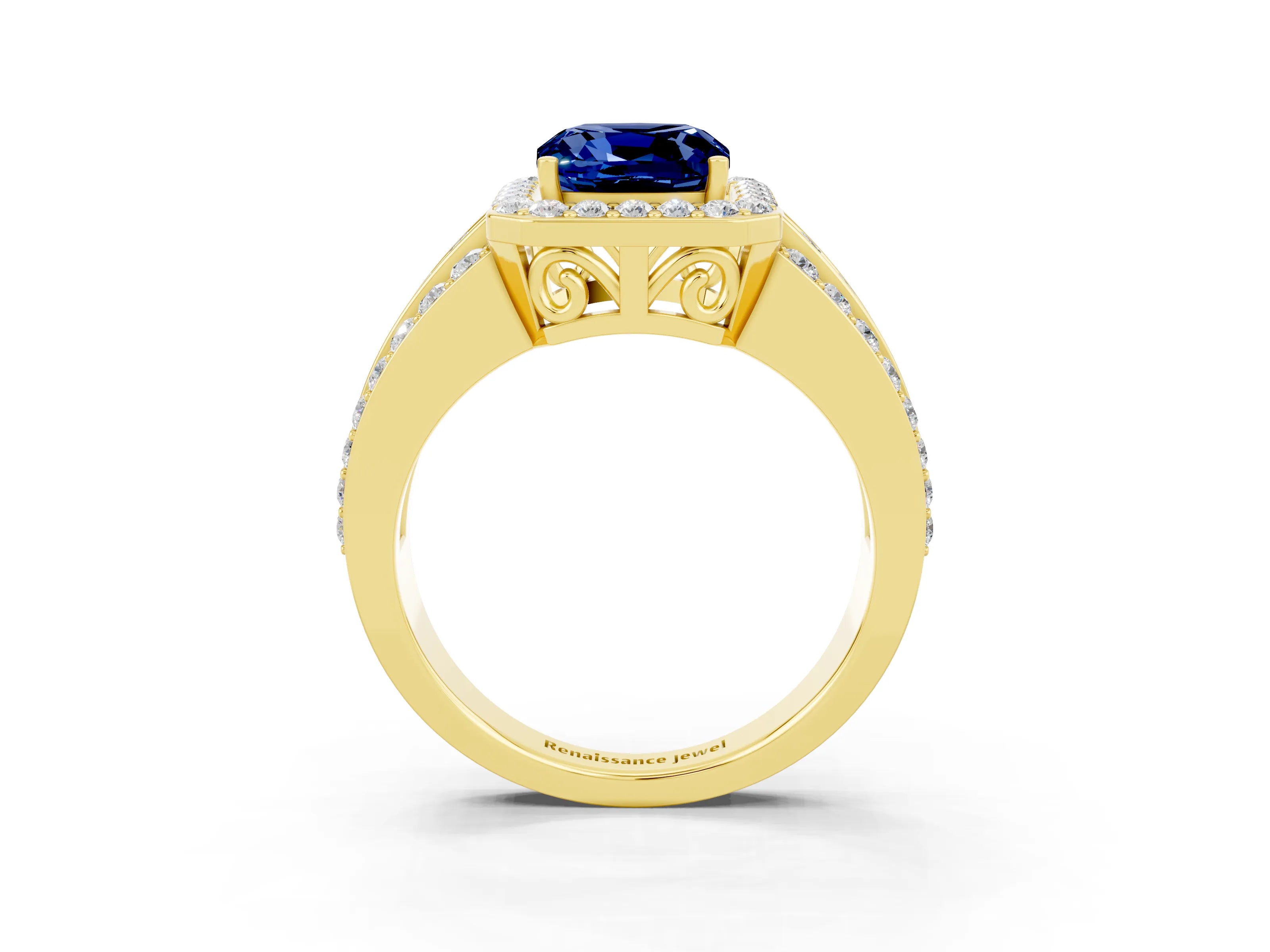 Yellow gold Cushion Cut Halo Blue Sapphire Ring with Split Shank and Four-Prong Setting_3