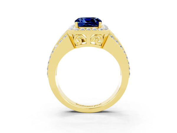 Yellow gold Cushion Cut Halo Blue Sapphire Ring with Round  Split Shank and Prong Setting
